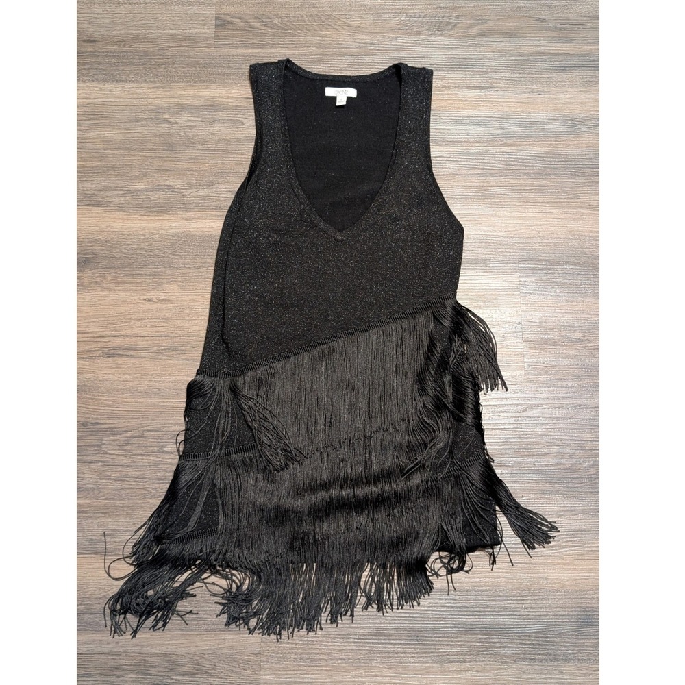 Cache Black Metallic Shimmer Fringe V-Neck Sleeveless Party Top Large RN 74578